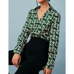 NEW Zara Green White Black Retro Disco Geometric Swirl Button Down Shirt SZ S